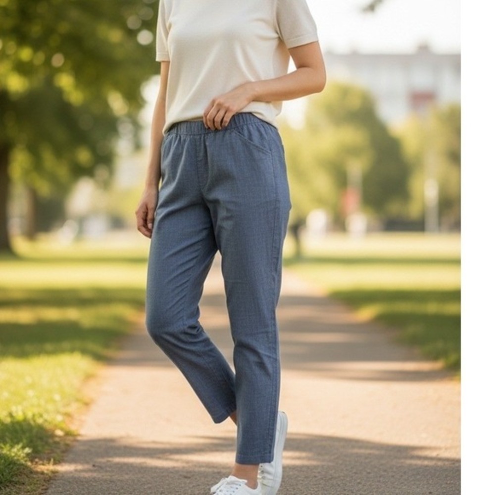 Lands' End Womens Pull On Chambray Pants 10 Blue Mid Rise Stretch Resort Coastal